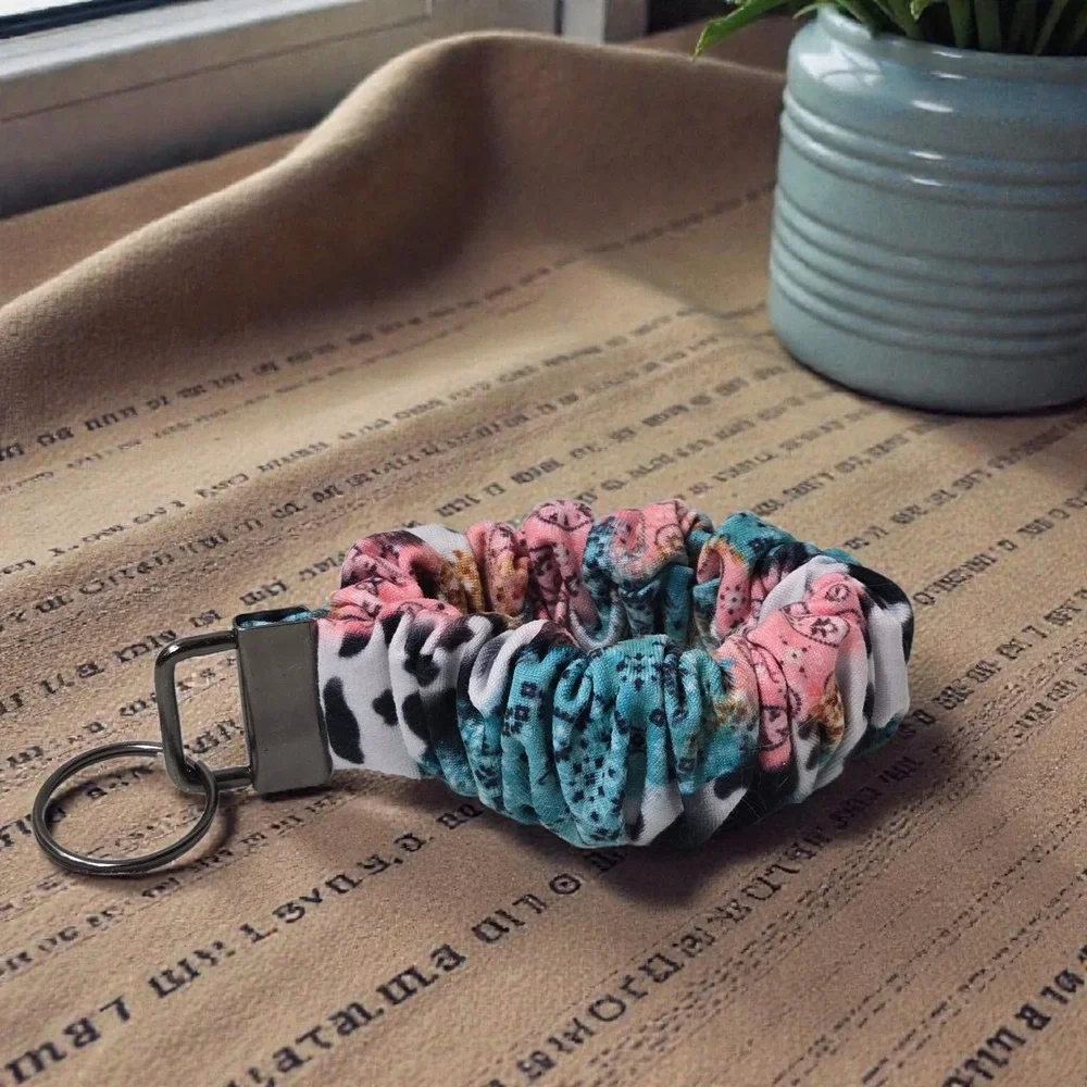Western Cow Print Scrunchie Keychain Wristlet Purse Charm‎ Boho Handmade